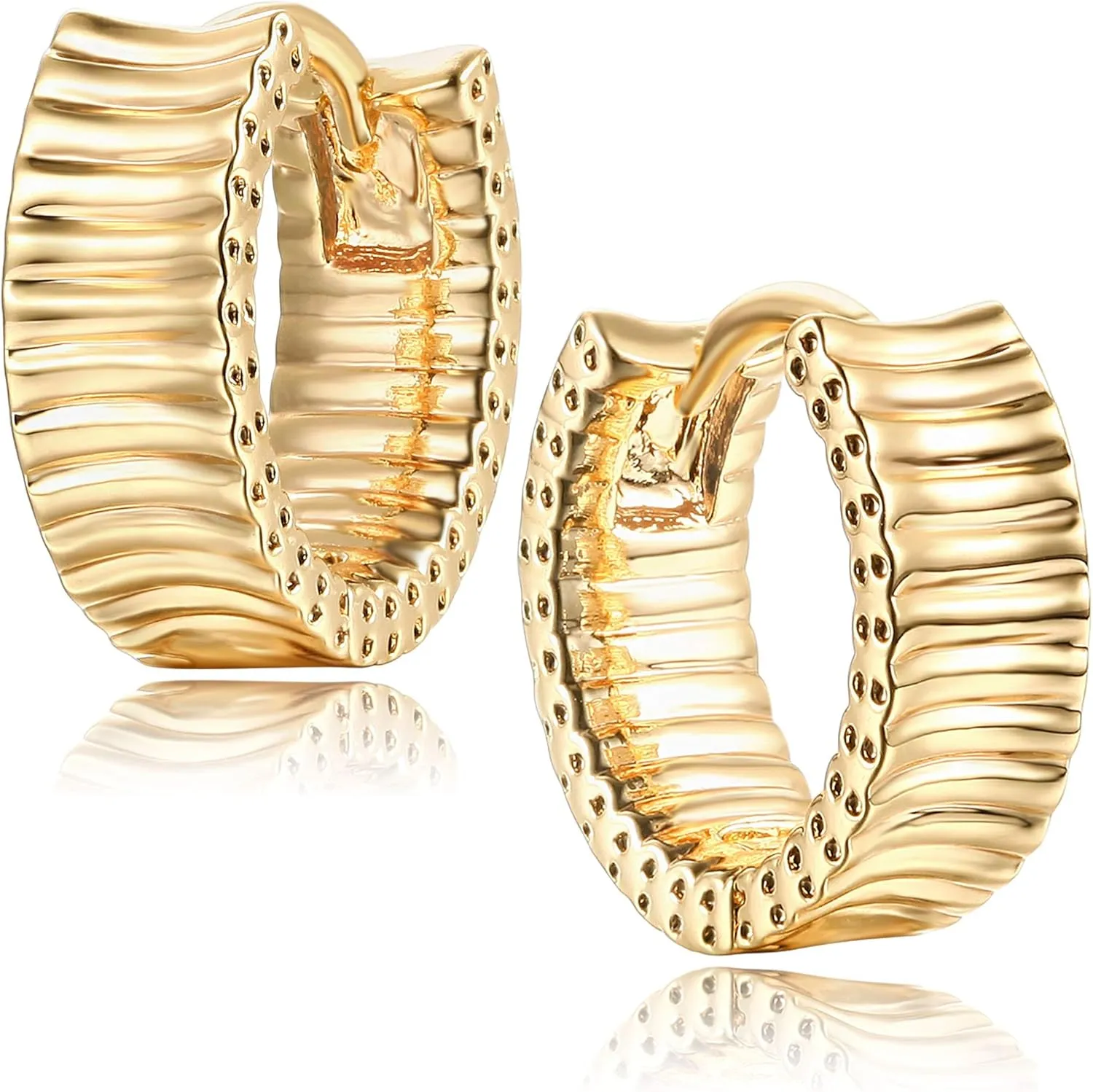 MEVECCO Gold Chunky Wide Huggie Hoop Earrings 18K Gold Plated Dainty Thick Round Ear Cute Small Sleeper Mini Huggie Earring Tiny Minimalist Wide Round CZ Hoop Earrings for Women Everyday Earring