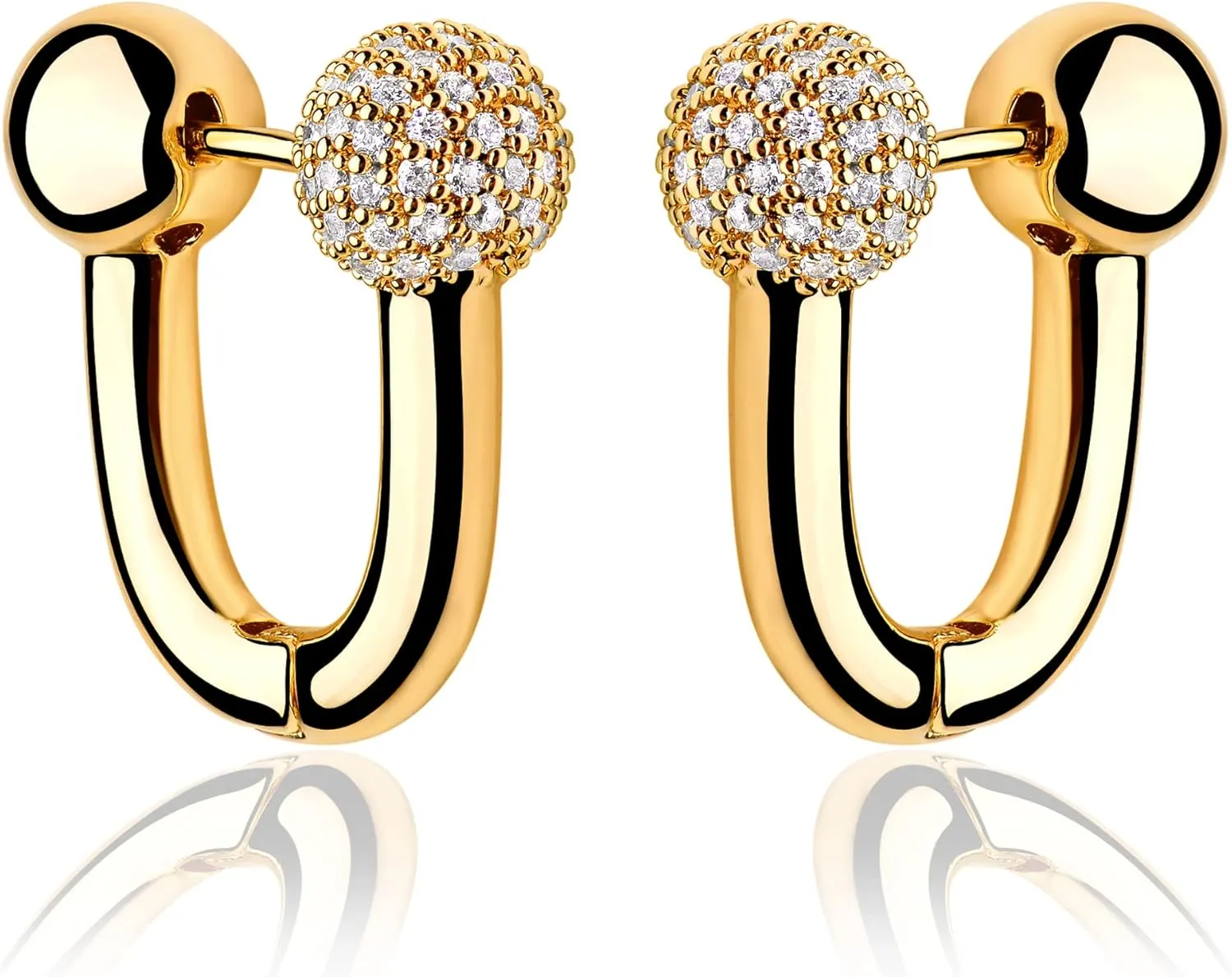 MEVECCO Gold U Huggie Hoop Earrings 18K Gold Plated Cubic Zircon Ball Hoop Earrings Minimalist Handmade Earrings for Women