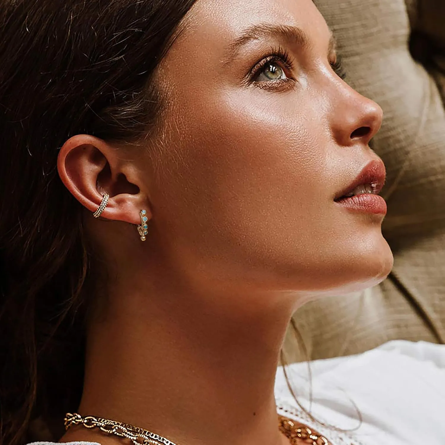MEVECCO Women Gold Huggie Hoop Earrings 18K Gold Plated Ear Stud Cuff Diamond Red Green CZ Turquoise Inlay Half Sleeper Tiny Boho Beach Simple Mini Cute Delicate Handmade Jewelry Gift