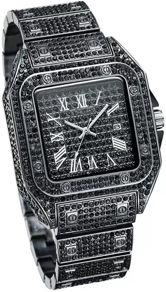 MINILUJIA Luxury Mens Crystal Watch Fashion Full Bling Iced Out Diamond Quartz Analog Watch Men Women Hip Hop Big Dial Square Wristwatch