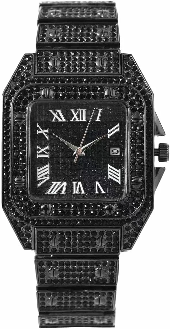 MINILUJIA Luxury Mens Crystal Watch Fashion Full Bling Iced Out Diamond Quartz Analog Watch Men Women Hip Hop Big Dial Square Wristwatch