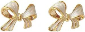 Minimalist White Enamel Bow Hypoallergenic Stud Earrings for Women Sensitive Ear Dainty 925 Sterling Silver Post 14K Gold Plated Bowknot Studs Festival Party Valentines Day Christmas Gift