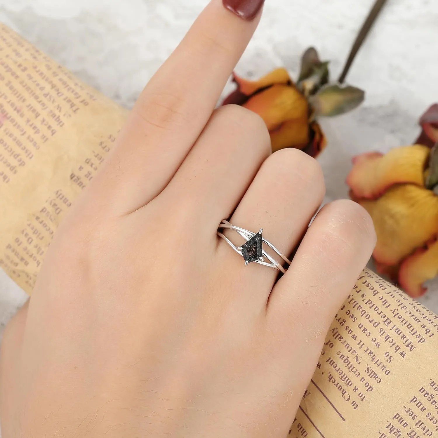 Mix Art Deco 1.1ct - 2ct Natural Black Rutilated Quartz 925 Silver Women Rings: Various Cut Plated with Platinum Engagement Rings, Leaf Vines & Geometric Sterling Silver Bridal Promise Ring for Her (1.10ct 1.30ct 1.35ct 1.5ct 2ct) Size 4-9