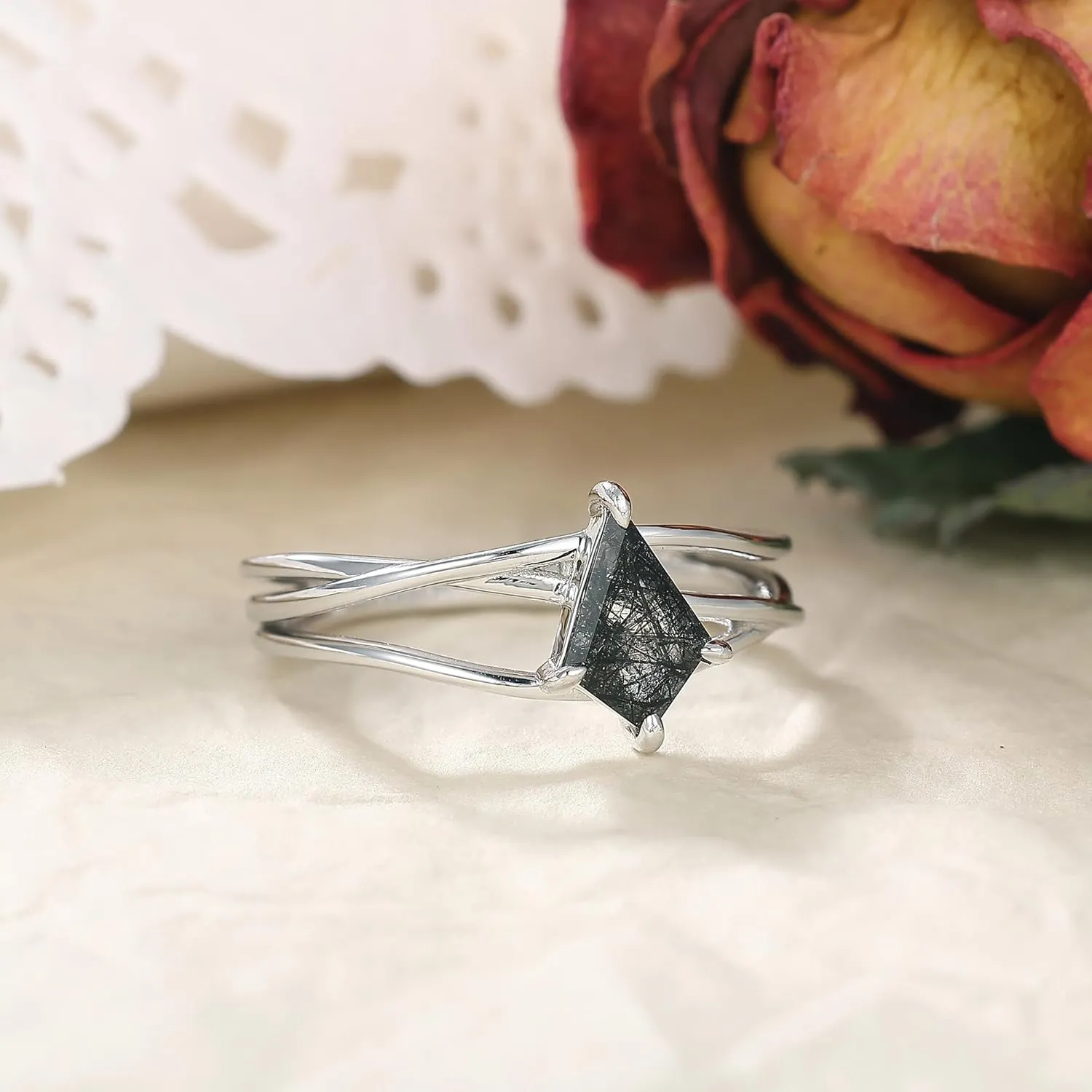 Mix Art Deco 1.1ct - 2ct Natural Black Rutilated Quartz 925 Silver Women Rings: Various Cut Plated with Platinum Engagement Rings, Leaf Vines & Geometric Sterling Silver Bridal Promise Ring for Her (1.10ct 1.30ct 1.35ct 1.5ct 2ct) Size 4-9
