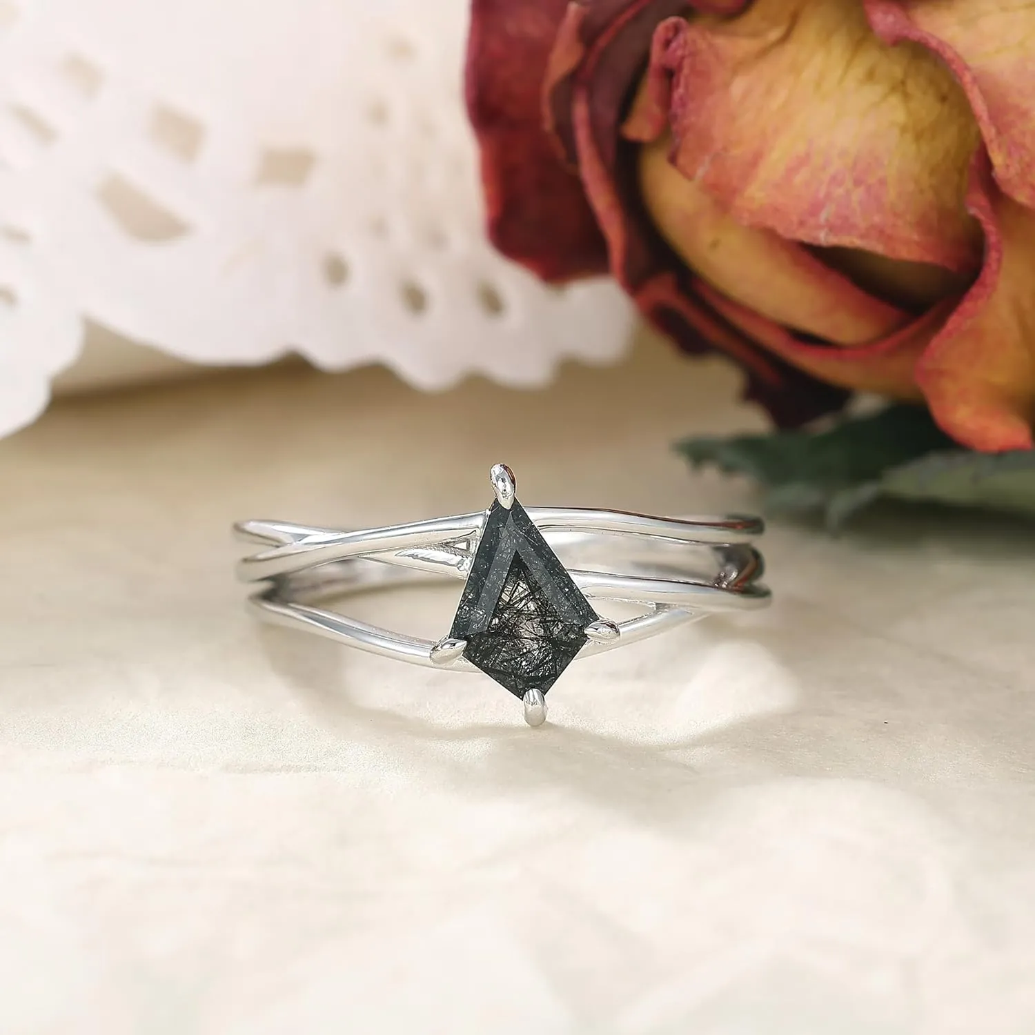 Mix Art Deco 1.1ct - 2ct Natural Black Rutilated Quartz 925 Silver Women Rings: Various Cut Plated with Platinum Engagement Rings, Leaf Vines & Geometric Sterling Silver Bridal Promise Ring for Her (1.10ct 1.30ct 1.35ct 1.5ct 2ct) Size 4-9
