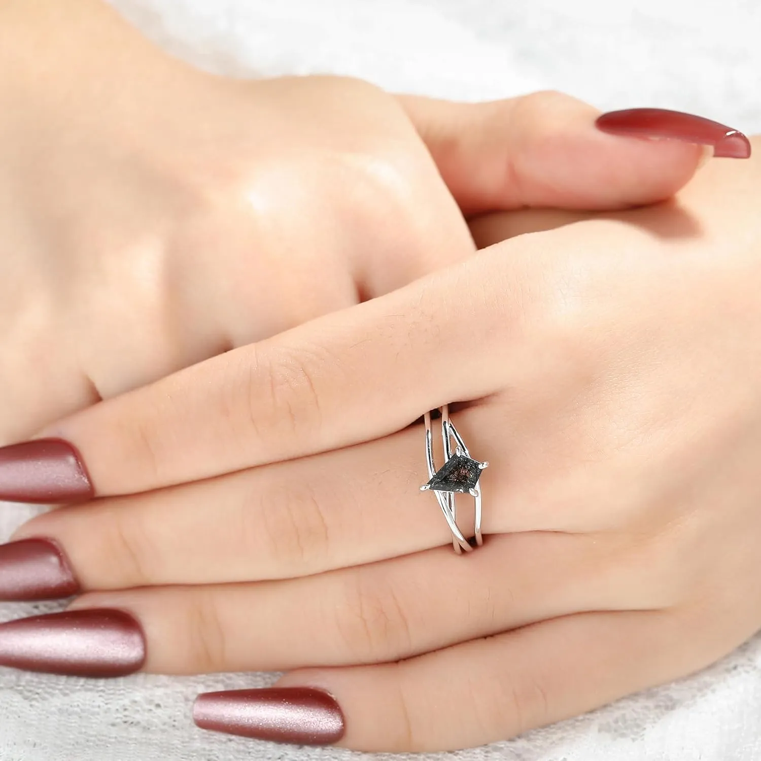 Mix Art Deco 1.1ct - 2ct Natural Black Rutilated Quartz 925 Silver Women Rings: Various Cut Plated with Platinum Engagement Rings, Leaf Vines & Geometric Sterling Silver Bridal Promise Ring for Her (1.10ct 1.30ct 1.35ct 1.5ct 2ct) Size 4-9