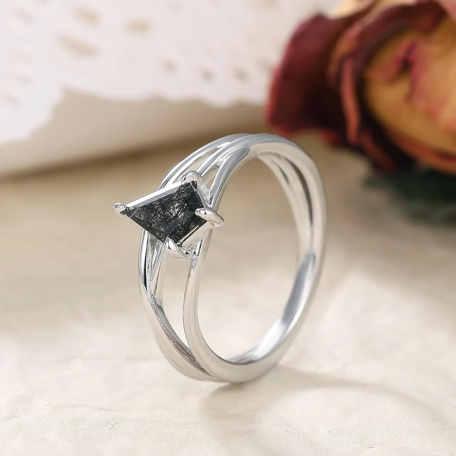 Mix Art Deco 1.1ct - 2ct Natural Black Rutilated Quartz 925 Silver Women Rings: Various Cut Plated with Platinum Engagement Rings, Leaf Vines & Geometric Sterling Silver Bridal Promise Ring for Her (1.10ct 1.30ct 1.35ct 1.5ct 2ct) Size 4-9