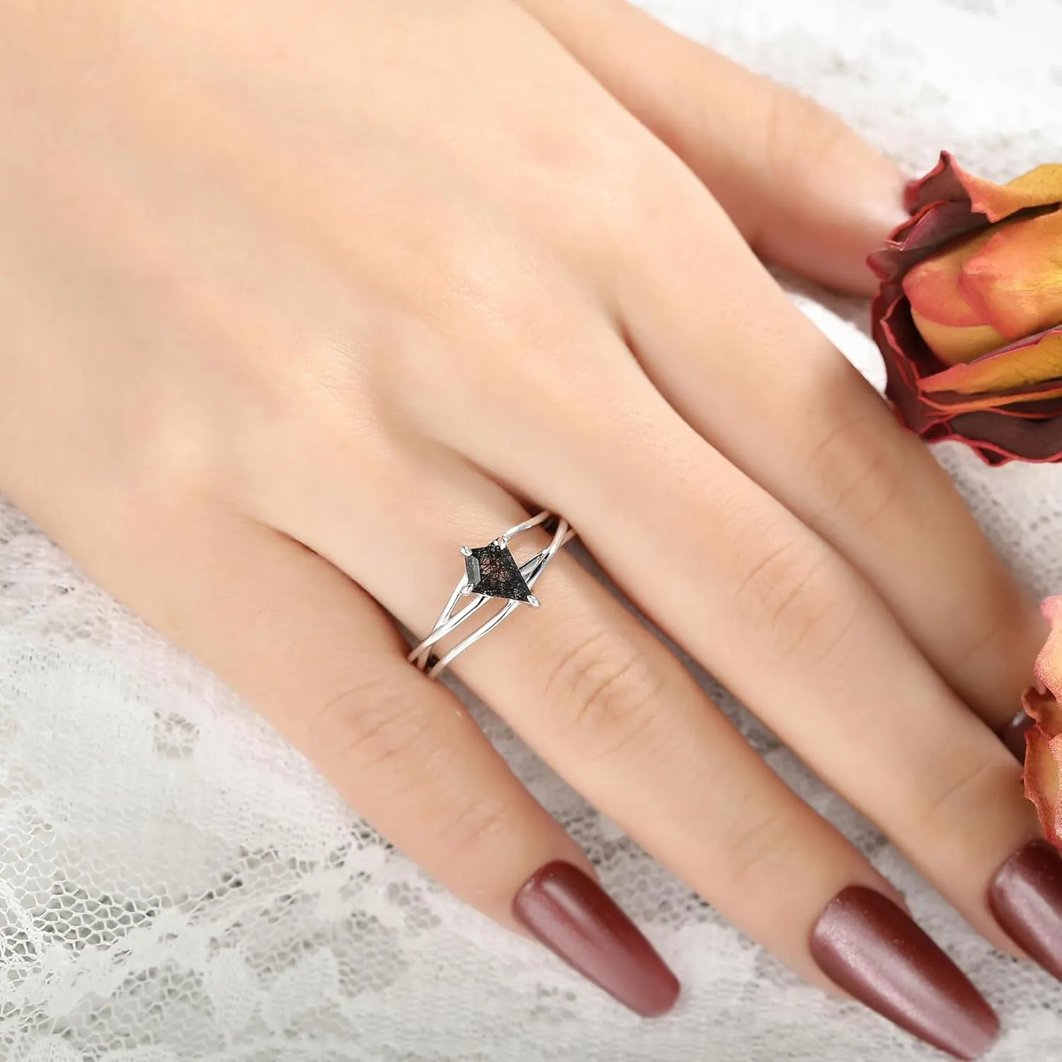 Mix Art Deco 1.1ct - 2ct Natural Black Rutilated Quartz 925 Silver Women Rings: Various Cut Plated with Platinum Engagement Rings, Leaf Vines & Geometric Sterling Silver Bridal Promise Ring for Her (1.10ct 1.30ct 1.35ct 1.5ct 2ct) Size 4-9
