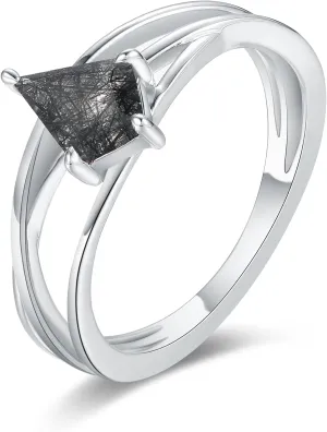 Mix Art Deco 1.1ct - 2ct Natural Black Rutilated Quartz 925 Silver Women Rings: Various Cut Plated with Platinum Engagement Rings, Leaf Vines & Geometric Sterling Silver Bridal Promise Ring for Her (1.10ct 1.30ct 1.35ct 1.5ct 2ct) Size 4-9