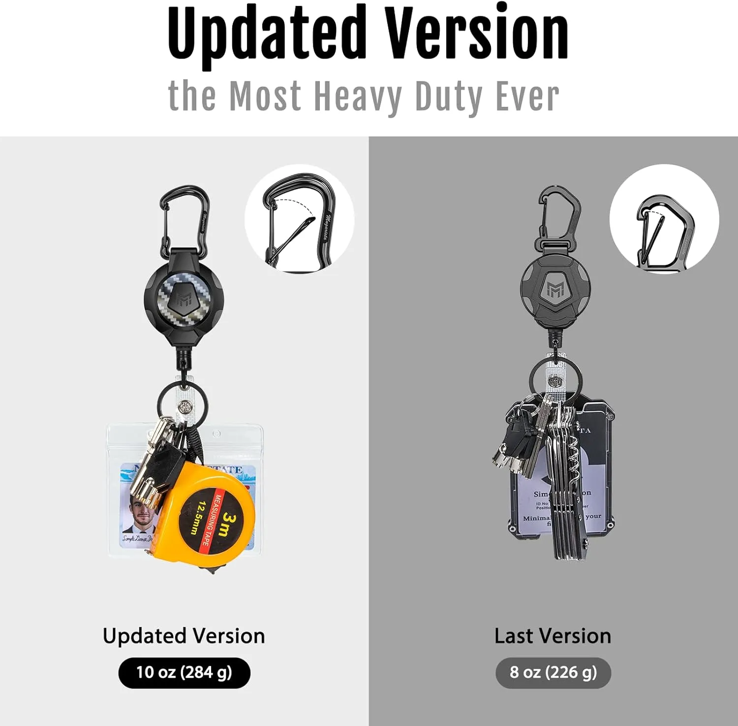 MNGARISTA 2-Pack Retractable Keychain, Heavy Duty 10 OZ Retraction 3K Carbon Fiber ID Badge Reel, Carabiner Badge Holder Hook Upgraded 31.5" Stainless Steel Cord Lanyard with Clip Strap and Key Ring