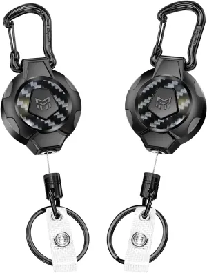 MNGARISTA 2-Pack Retractable Keychain, Heavy Duty 10 OZ Retraction 3K Carbon Fiber ID Badge Reel, Carabiner Badge Holder Hook Upgraded 31.5" Stainless Steel Cord Lanyard with Clip Strap and Key Ring
