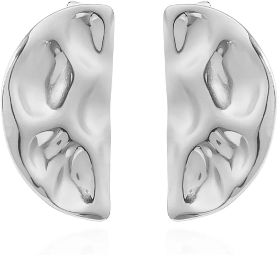 Modern Large Hammered Fan-shaped Geometric Semicircle Gold-plated Stud Earrings for Women,Big Half Circle Stainless Steel Classy Everyday Texture Earrings,Trending Vintage Statement Jewelry