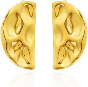 Modern Large Hammered Fan-shaped Geometric Semicircle Gold-plated Stud Earrings for Women,Big Half Circle Stainless Steel Classy Everyday Texture Earrings,Trending Vintage Statement Jewelry