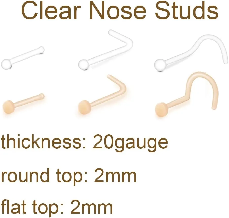 MODRSA Clear Nose Rings & Studs - Plastic Nose Piercing Retainers - 16g, 18g, 20g - Clear Cartilage Earrings & Lip Piercing Retainer