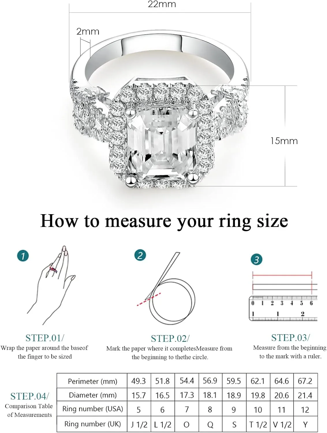 Moissanite Engagement Ring for Women Emerald Cut Ring D Color VVS1 Moissanite Ring for Women S925 Sterling Silver Plated 18K White Gold Promise Wedding Ring for Women