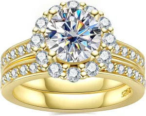 Moissanite Halo Wedding Rings Set D Color VVS1 Round Cut 14K Yellow Gold Plated 925 Sterling Silver Promise Anniversary Engagement Bridal Rings Set for Women