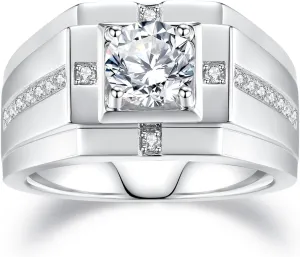Moissantie Rings for Men D Color VVS1 Round Cut Moissanite Jewelry for Men Wedding Ring S925 Sterling Silver Promise Rings for Wedding Anniversary Engagement
