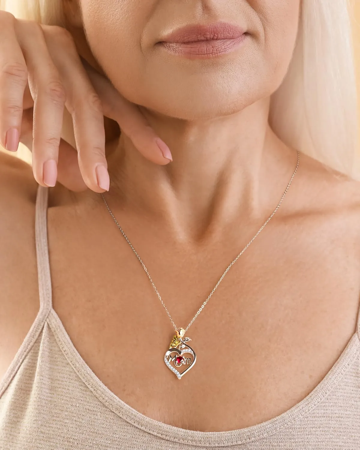 Mom Birthstone Silver Necklace Genuine 925 Sterling Silver Mothers Day Mama Necklace Jewelry Gifts Rose Heart Dainty Pendant Birthday Gifts for Women Wife Mom from Daughter Son