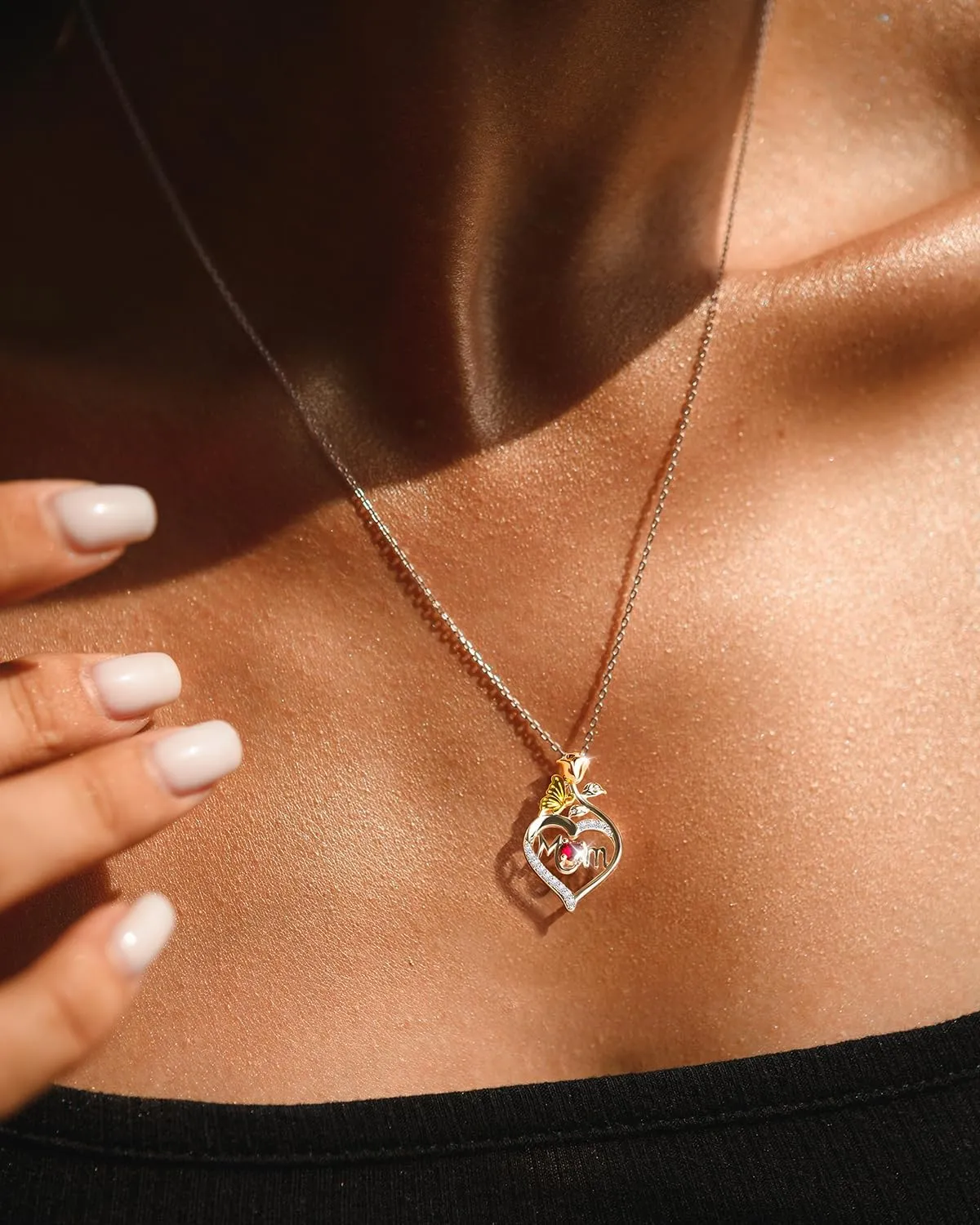 Mom Birthstone Silver Necklace Genuine 925 Sterling Silver Mothers Day Mama Necklace Jewelry Gifts Rose Heart Dainty Pendant Birthday Gifts for Women Wife Mom from Daughter Son