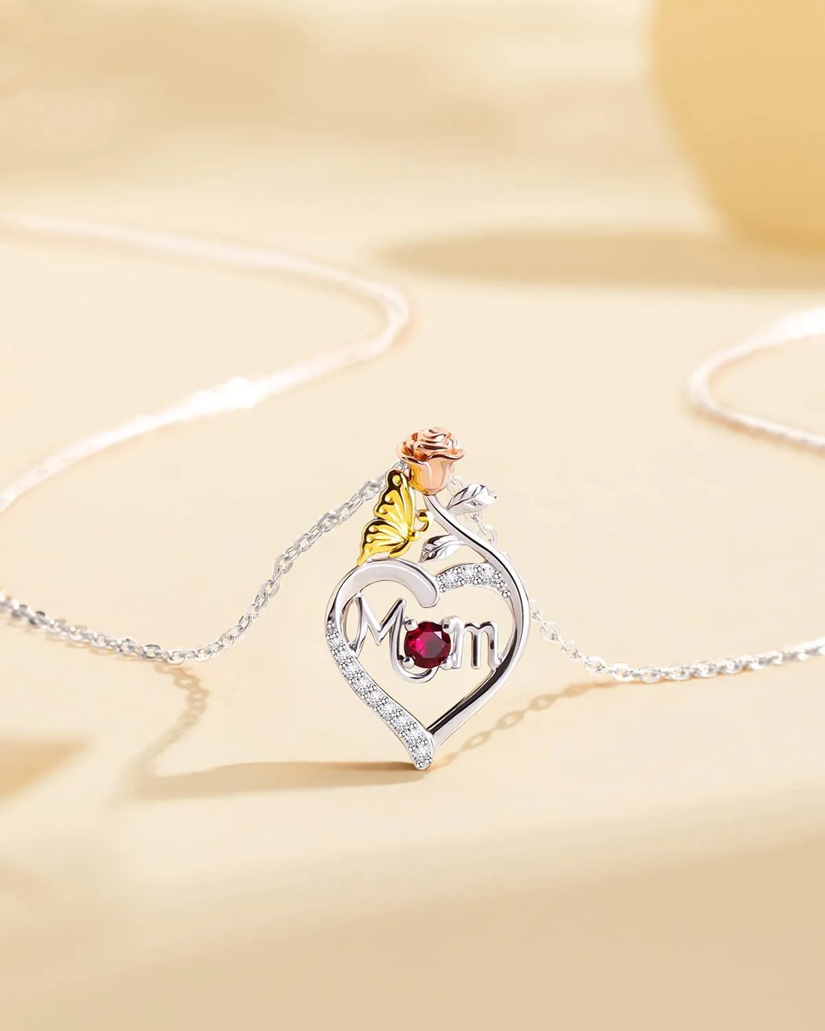 Mom Birthstone Silver Necklace Genuine 925 Sterling Silver Mothers Day Mama Necklace Jewelry Gifts Rose Heart Dainty Pendant Birthday Gifts for Women Wife Mom from Daughter Son