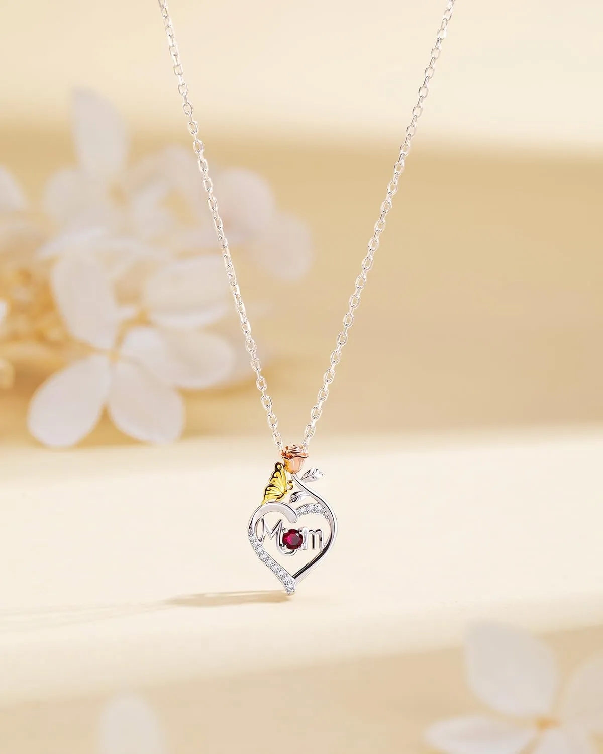 Mom Birthstone Silver Necklace Genuine 925 Sterling Silver Mothers Day Mama Necklace Jewelry Gifts Rose Heart Dainty Pendant Birthday Gifts for Women Wife Mom from Daughter Son