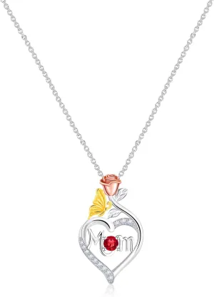 Mom Birthstone Silver Necklace Genuine 925 Sterling Silver Mothers Day Mama Necklace Jewelry Gifts Rose Heart Dainty Pendant Birthday Gifts for Women Wife Mom from Daughter Son