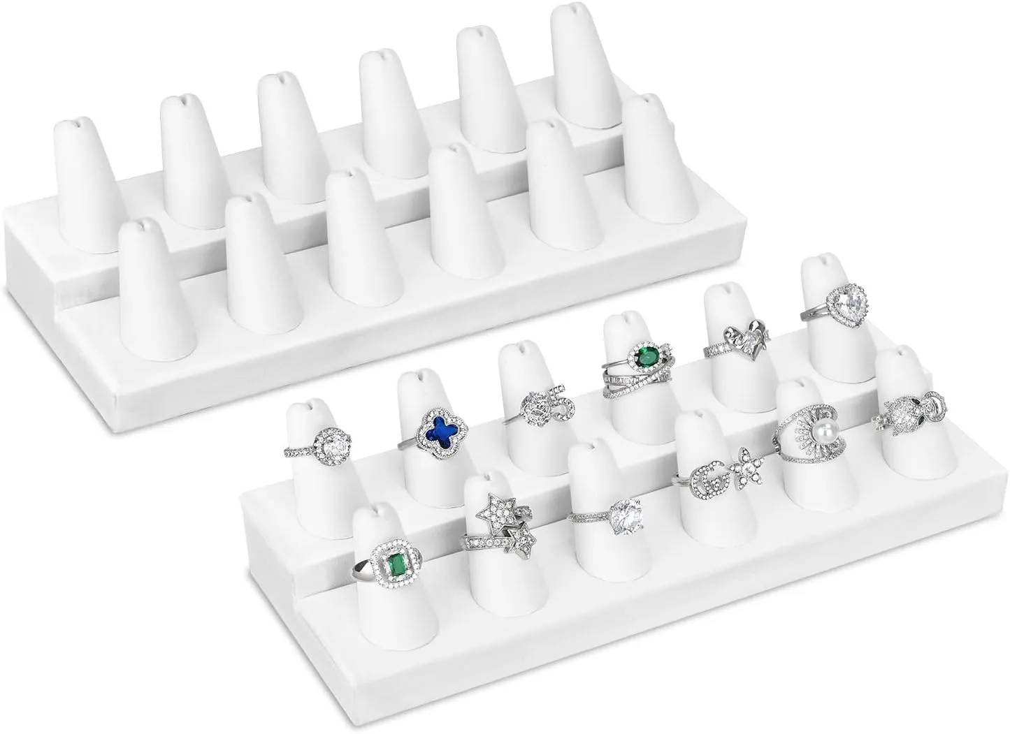 MOOCA 2 Pcs Set Priumen White Faux Leather Finger Ring Display Jewelry Organizer of 12 Rings Display Jewelry Holder of Leatherette Stand