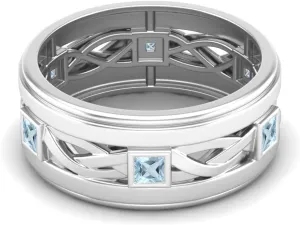 MOONEYE 0.30 Ctw Square Aquamarine Twisted Rope Band Stackable 925 Sterling Silver Ring Mens And Woman's Rings Wisdom Band