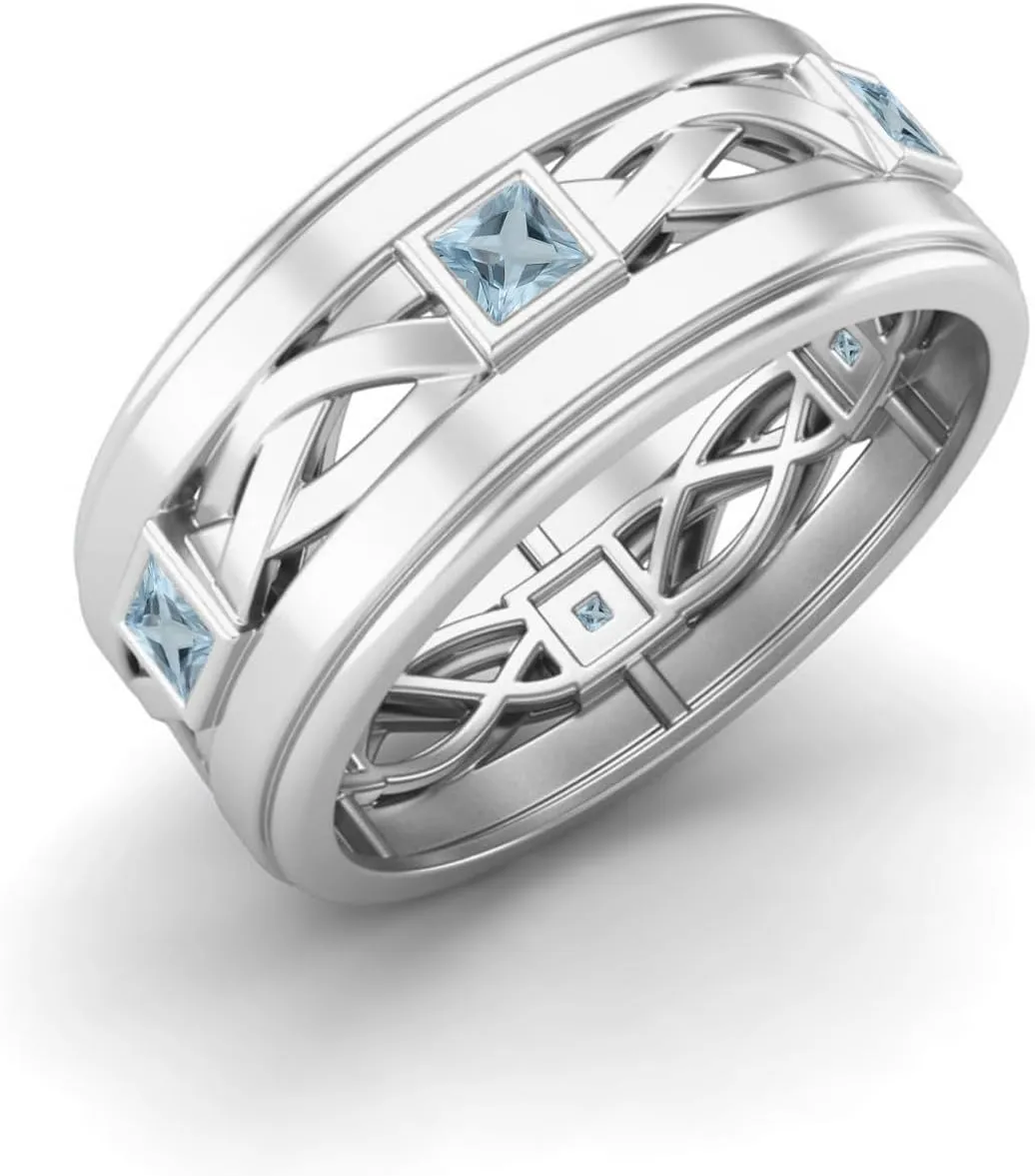 MOONEYE 0.30 Ctw Square Aquamarine Twisted Rope Band Stackable 925 Sterling Silver Ring Mens And Woman's Rings Wisdom Band