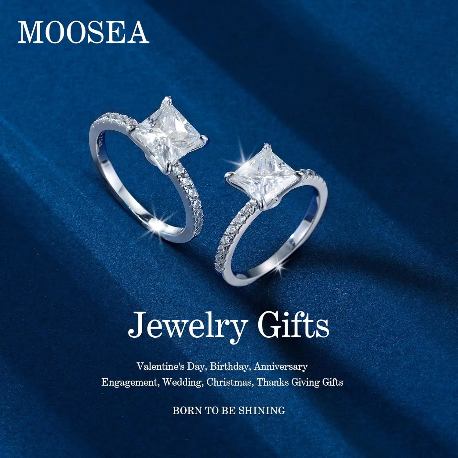 MOOSEA Princess Cut Moissanite Engagement Rings for Women - 2.5CT D Color VVS1 Clarity Lab Created Wedding Band 14K White Gold Plated 925 Sterling Silver Moissanite Ring Anniversary Birthday Gift