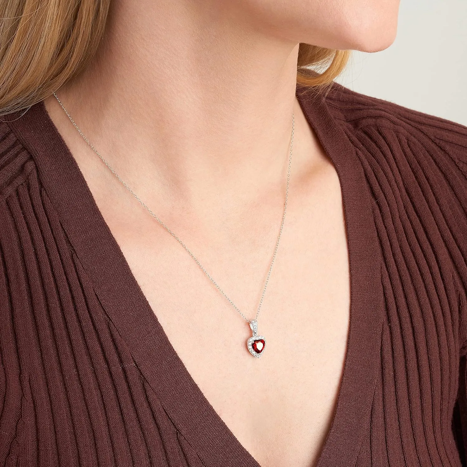 MORGAN & PAIGE .925 Sterling Silver Gemstones and White Sapphire Halo Heart Pendant Necklace, Ring and Stud Earrings for Women Set - Birthstone Jewelry Sets for Women, 18in Cable Chain, Size 7 Ring