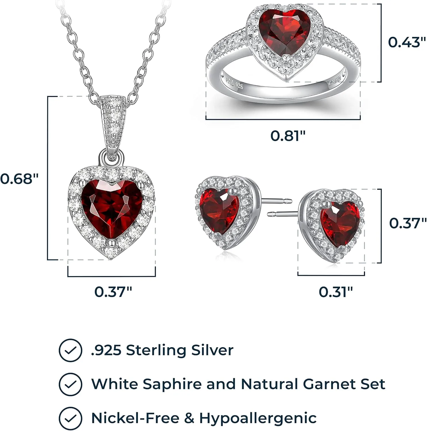 MORGAN & PAIGE .925 Sterling Silver Gemstones and White Sapphire Halo Heart Pendant Necklace, Ring and Stud Earrings for Women Set - Birthstone Jewelry Sets for Women, 18in Cable Chain, Size 7 Ring