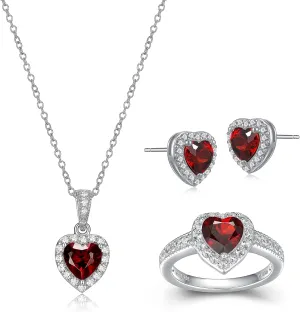 MORGAN & PAIGE .925 Sterling Silver Gemstones and White Sapphire Halo Heart Pendant Necklace, Ring and Stud Earrings for Women Set - Birthstone Jewelry Sets for Women, 18in Cable Chain, Size 7 Ring