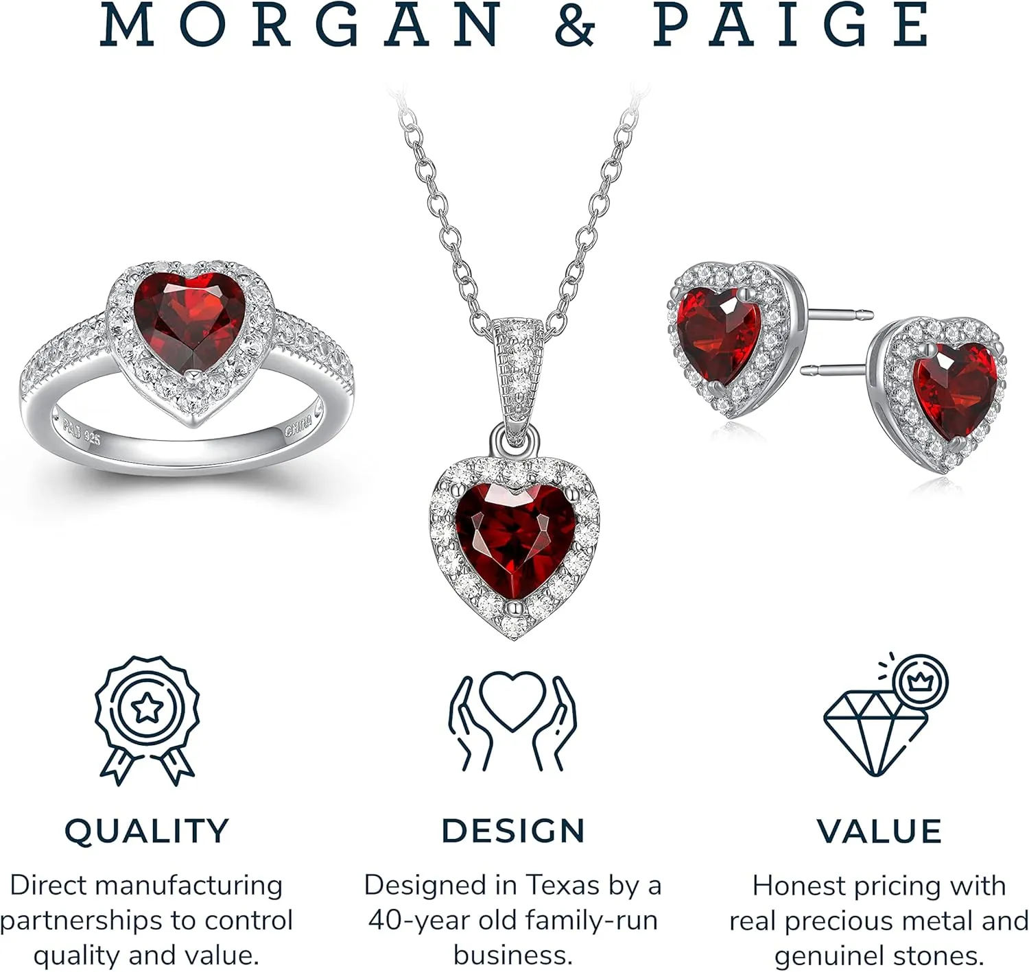 MORGAN & PAIGE .925 Sterling Silver Gemstones and White Sapphire Halo Heart Pendant Necklace, Ring and Stud Earrings for Women Set - Birthstone Jewelry Sets for Women, 18in Cable Chain, Size 7 Ring