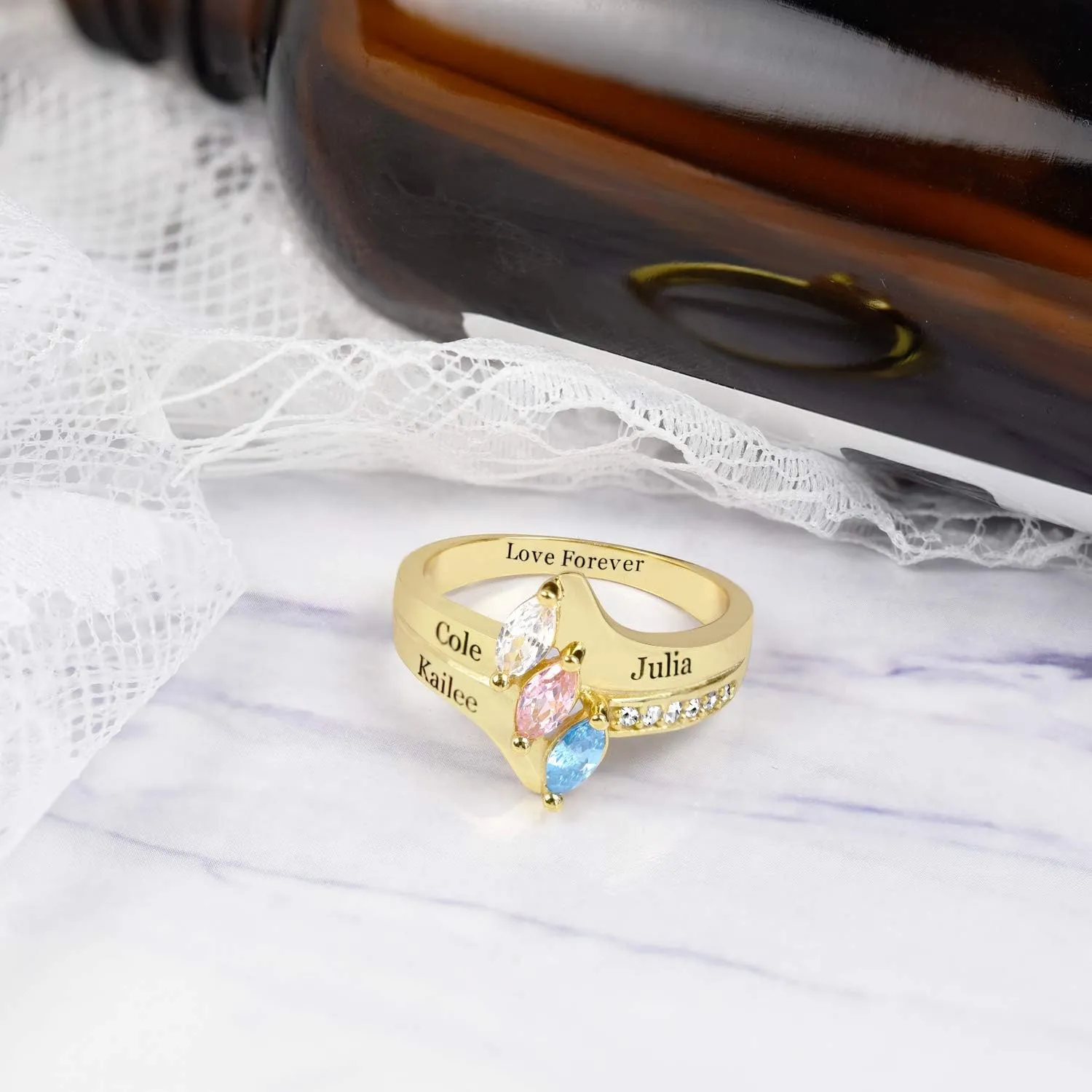 Mothers Ring with 3 Birthstones Personalized Mom Ring Custom 3 Name Promise Rings for Women Mothers Day Jewelry Gift for Mom Grandmother Mothers Day Gift