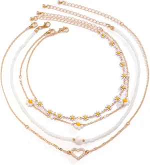 Muloo Multilayer Choker Daisy Flower Charm Necklace Imitation Pearls Metal Chain Necklace Sweet Cool Clavicle Chain Jewelry