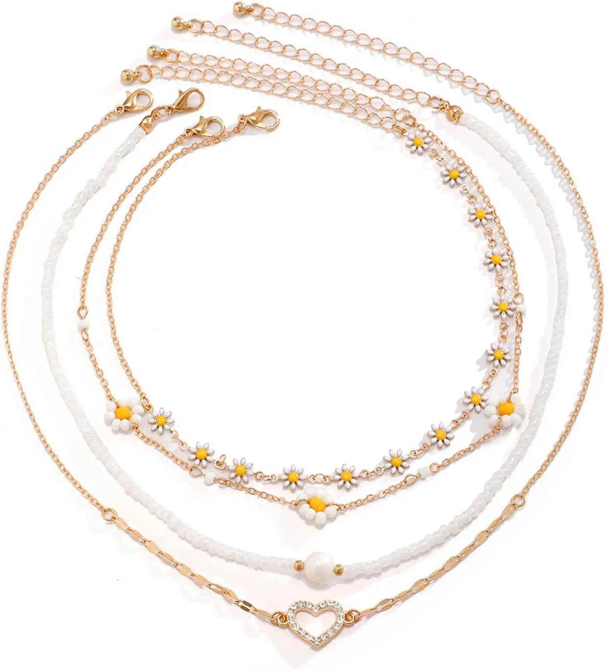 Muloo Multilayer Choker Daisy Flower Charm Necklace Imitation Pearls Metal Chain Necklace Sweet Cool Clavicle Chain Jewelry