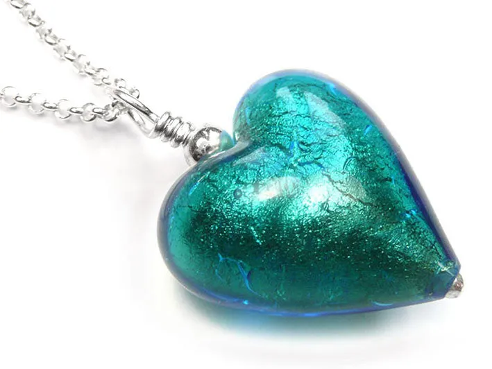 Murano Glass Heart Pendant - Kingfisher