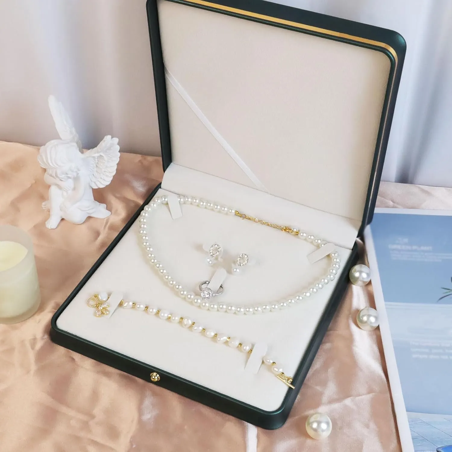 MY MIRONEY Big PU Leather Wedding Jewelry Sets Box Blackish Green Necklace Earring Ring Display Case Bracelet Storage Holder Jewelry Box Storage Organizer (7.48" x 7.48" x 1.57")