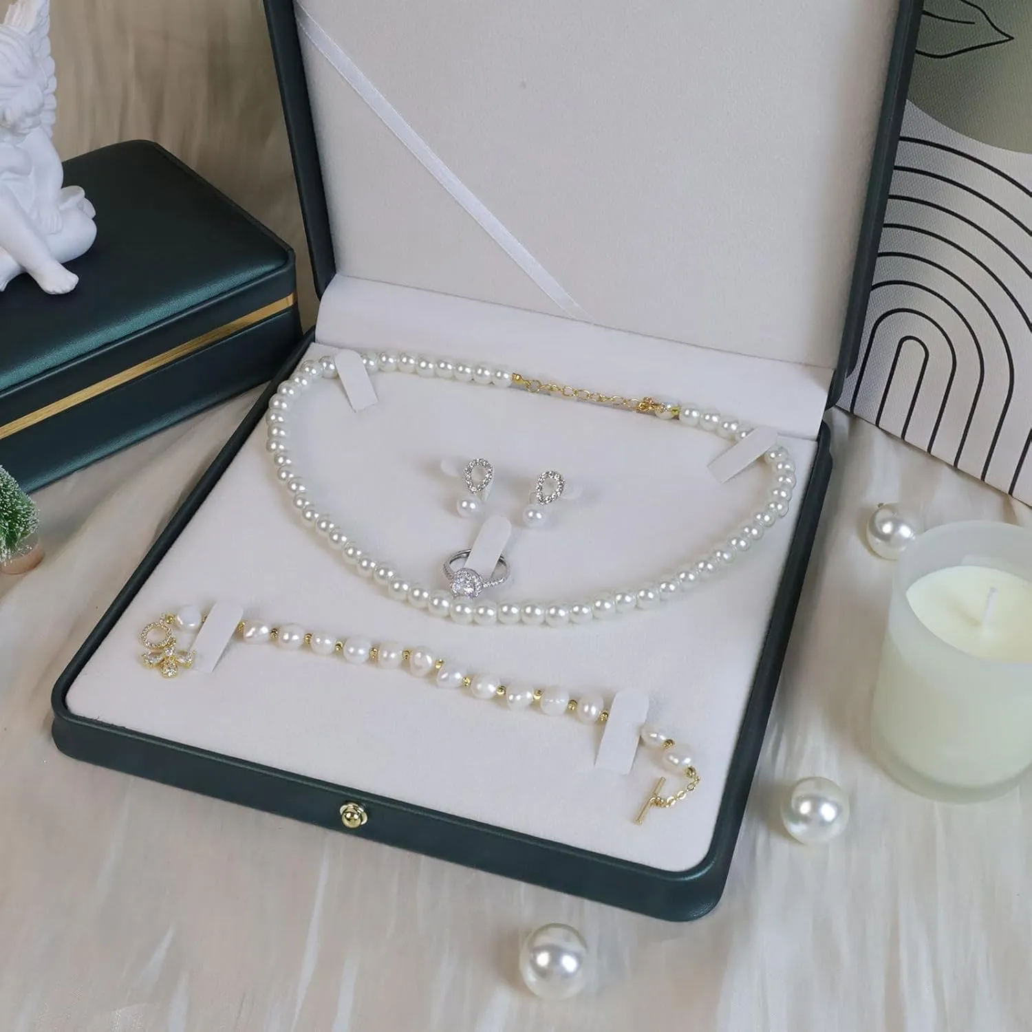 MY MIRONEY Big PU Leather Wedding Jewelry Sets Box Blackish Green Necklace Earring Ring Display Case Bracelet Storage Holder Jewelry Box Storage Organizer (7.48" x 7.48" x 1.57")