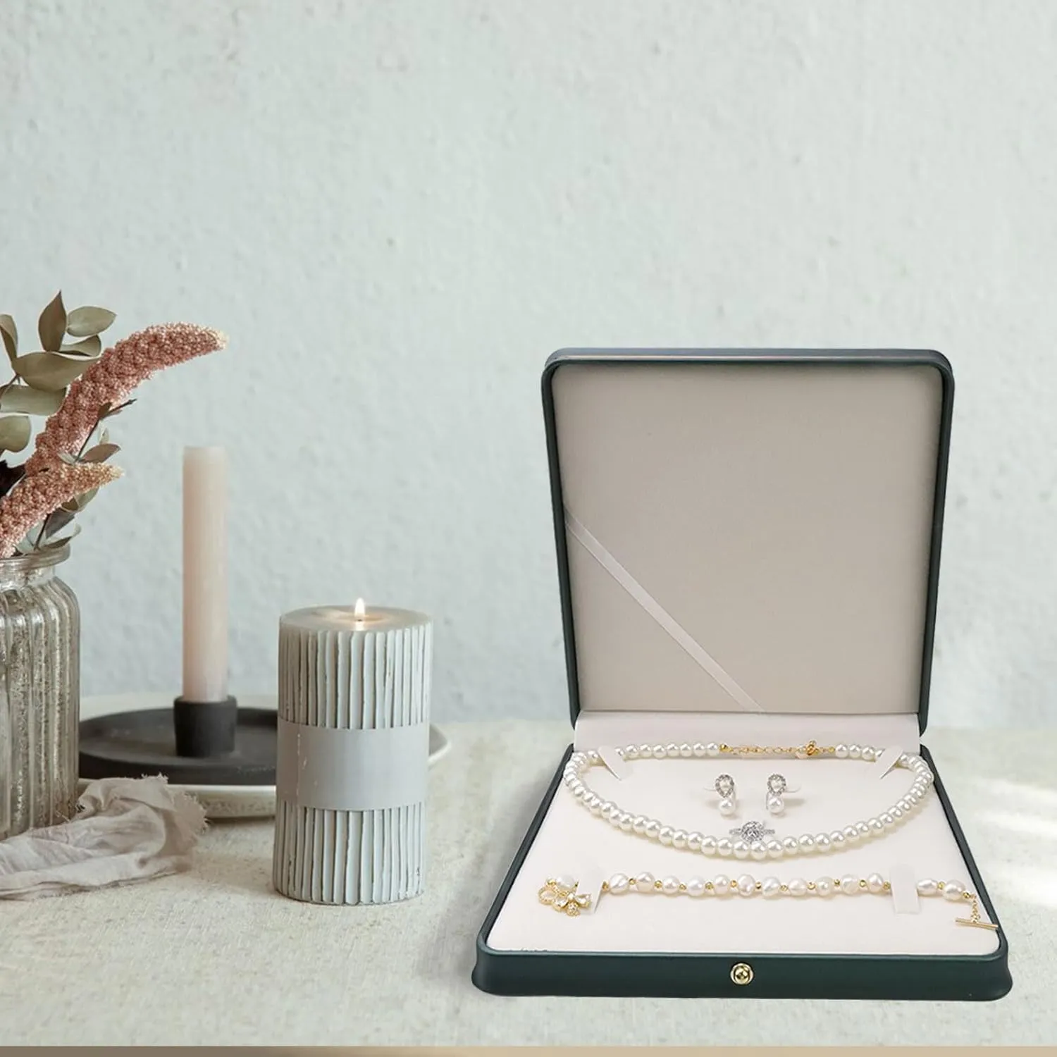 MY MIRONEY Big PU Leather Wedding Jewelry Sets Box Blackish Green Necklace Earring Ring Display Case Bracelet Storage Holder Jewelry Box Storage Organizer (7.48" x 7.48" x 1.57")
