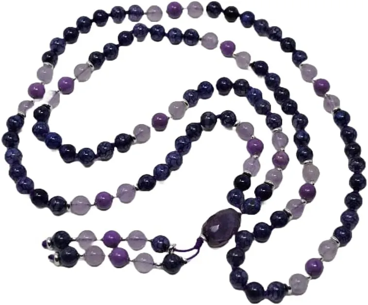 Natural Agate, Amethyst, Phosphosiderite 8mm-6x3mm 108 Mala Beads, Spiritual, Meditation Beads, Reiki, Japa Mala, Buddhist Prayer Beads, Yoga Bracelet, healing beads LKMALA-RRGU-366