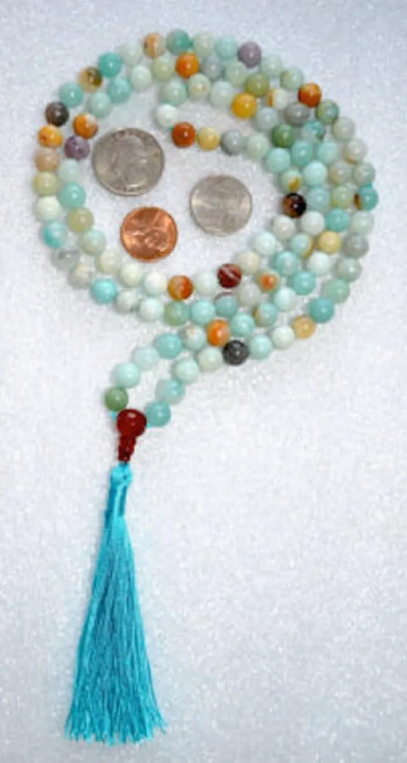 Natural Amazonite 8mm 108 Mala Beads, Spiritual, Meditation Beads, Reiki, Japa Mala, Buddhist Prayer Beads, Yoga Bracelet, healing beads LKMALA-RRGU-1812