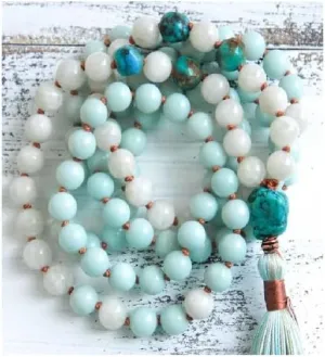 Natural Amazonite, Moonstone & Turquoise 8mm 108 Mala Beads, Spiritual, Meditation Beads, Reiki, Japa Mala, Buddhist Prayer Beads, Yoga Bracelet, healing beads LKMALA-RRGU-3967, 34 inch