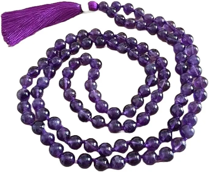 Natural Amethyst 8mm 108 Mala Beads, Spiritual, Meditation Beads, Reiki, Japa Mala, Buddhist Prayer Beads, Yoga Bracelet, healing beads LKMALA-RRGU-1560, 34 inch, purple