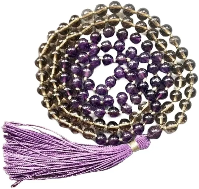 Natural Amethyst & Quartz 8mm 108 Mala Beads, Spiritual, Meditation Beads, Reiki, Japa Mala, Buddhist Prayer Beads, Yoga Bracelet, healing beads LKMALA-RRGU-1063
