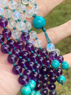 Natural Amethyst Rainbow Moonstone Chrysocolla 8mm 108 Mala Beads, Spiritual, Meditation Beads, Reiki, Japa Mala, Buddhist Prayer Beads, Yoga Bracelet, Healing Beads LKMALA-RRGU-2981