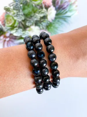 Natural Arfvedsonite Crystal 6mm rondelle smooth 7inch Semi-Precious Gemstones Beaded Bracelets for Men Women Healing Crystal Stretch Beaded Bracelet Unisex, black