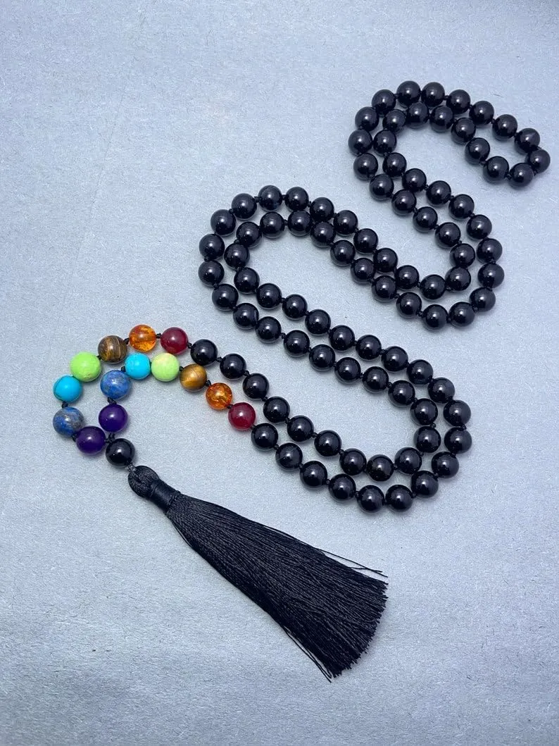 Natural Black Onyx with 7 Chakra 8mm 108 Mala Beads, Spiritual, Meditation Beads, Reiki, Japa Mala, Buddhist Prayer Beads, Yoga Bracelet, healing beads LKMALA-RRGU-3646
