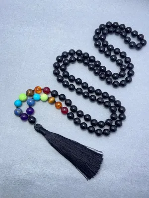 Natural Black Onyx with 7 Chakra 8mm 108 Mala Beads, Spiritual, Meditation Beads, Reiki, Japa Mala, Buddhist Prayer Beads, Yoga Bracelet, healing beads LKMALA-RRGU-3646